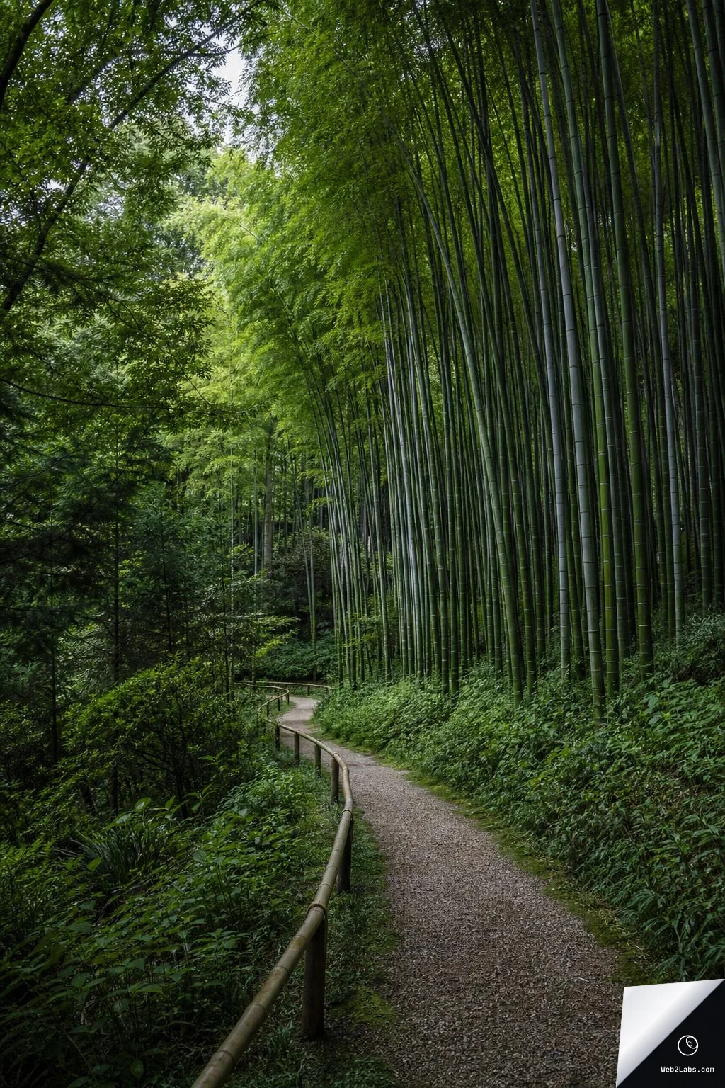 A narrow gravel path with a bamboo handrail curves through a green bamboo grove, with tall bamboo stalks on the right and dense forest foliage on the left under a leafy canopy.