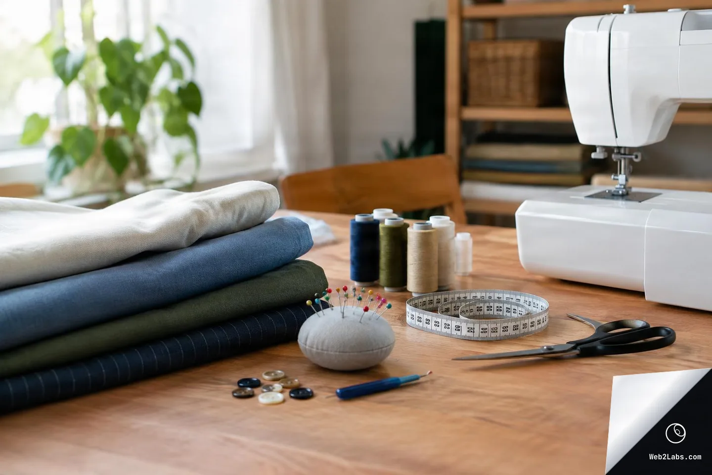 Folded fabric bolts, thread spools, a pin cushion with pins, measuring tape, buttons, seam ripper, and scissors laid out on a wooden table with a sewing machine in the background.
