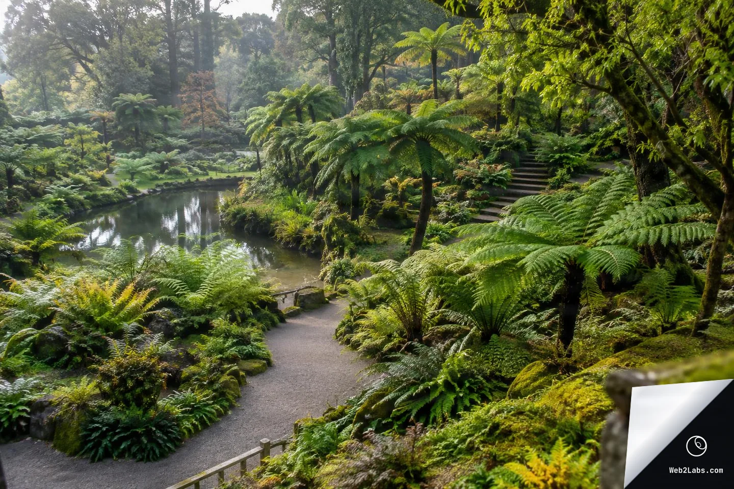 Elevated view of a landscaped fern garden with a winding gravel path, stone steps, a small pond, and dense green ferns and tree ferns in soft daylight.
