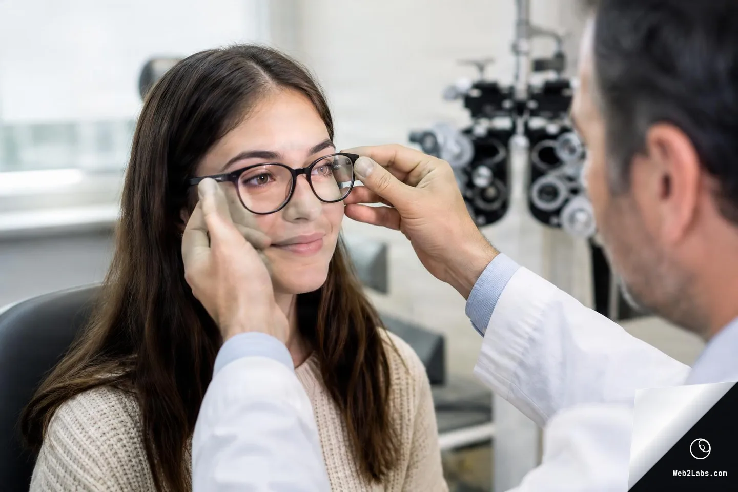 Optometrist in a white coat adjusts a young woman's eyeglasses while she sits in an exam chair, with a phoropter visible in the background.