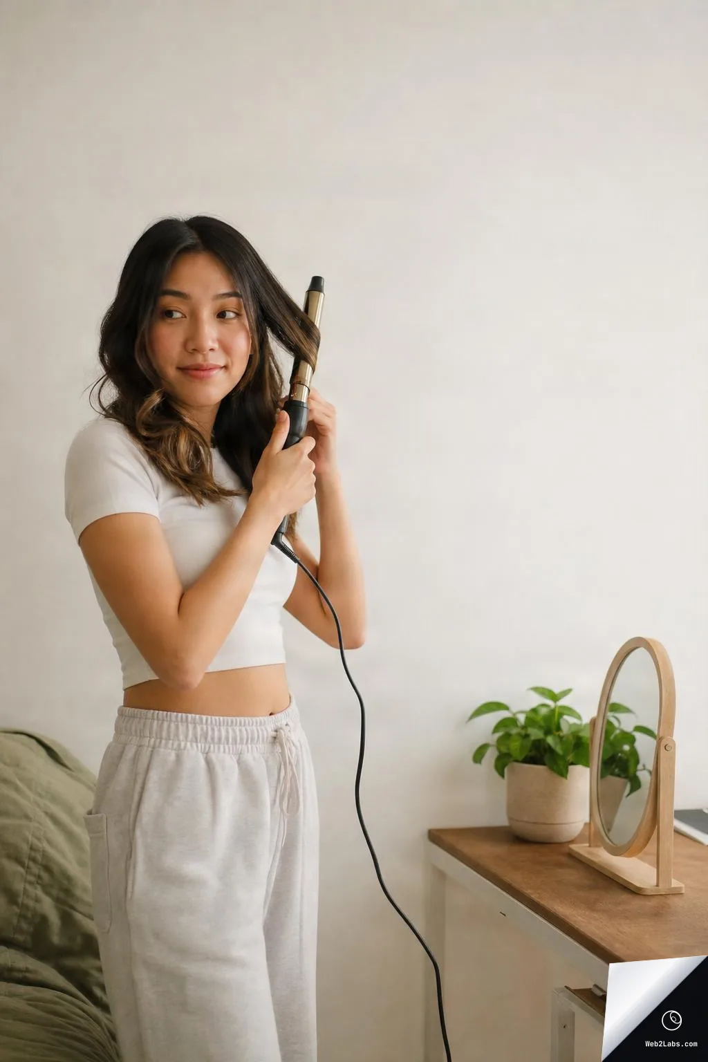 Woman standing in a bedroom curling her hair with a curling iron, with a dresser, mirror, and plant on the right and blank wall space for text.