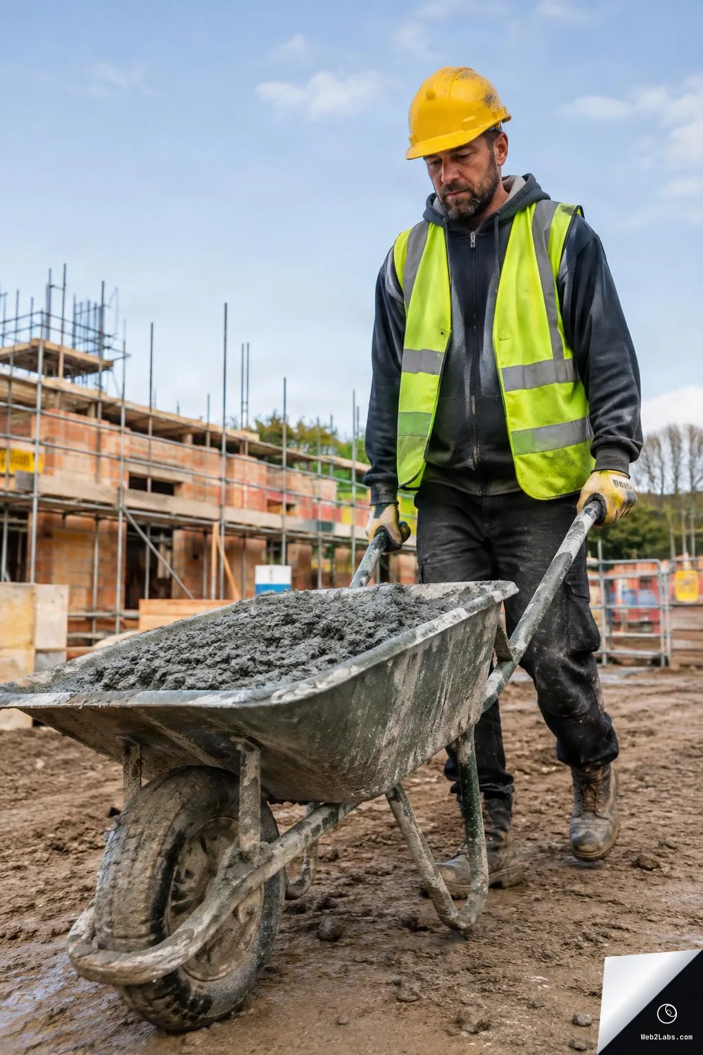 Construction worker in a yellow hard hat and hi-vis vest pushing a wheelbarrow full of wet concrete at a building site with scaffolding in the background.