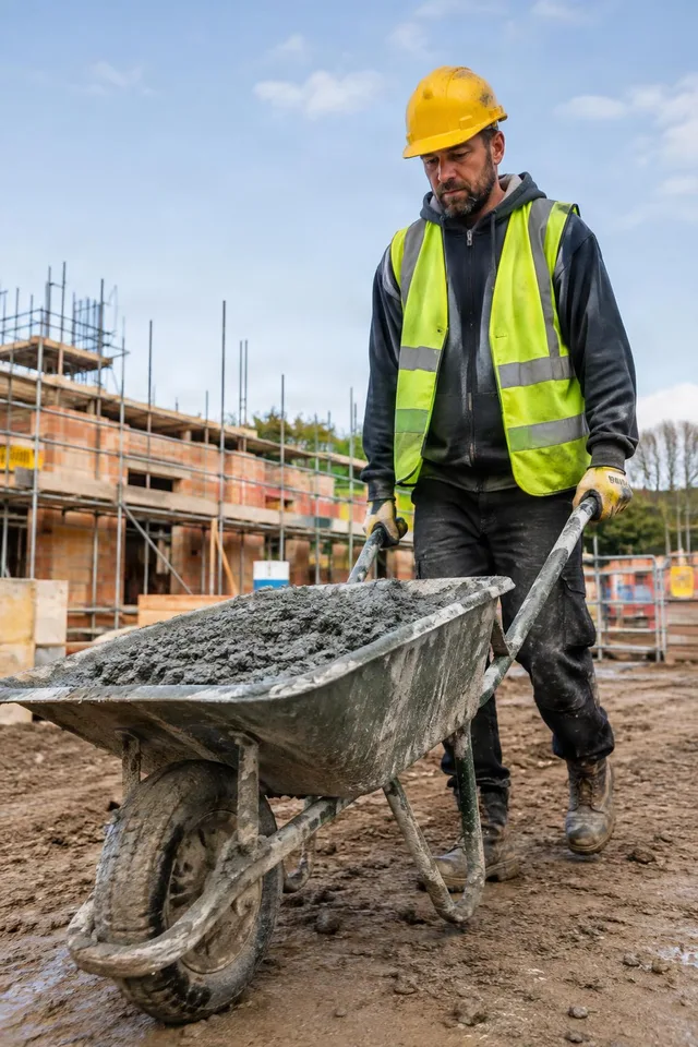 Construction Worker Pushing Wheelbarrow