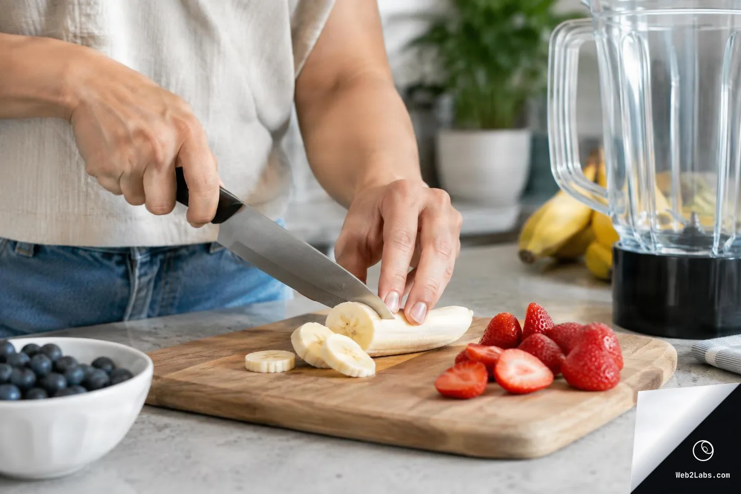 Person slicing a banana on a wooden cutting board with strawberries nearby and a blender jar in the background on a kitchen counter.