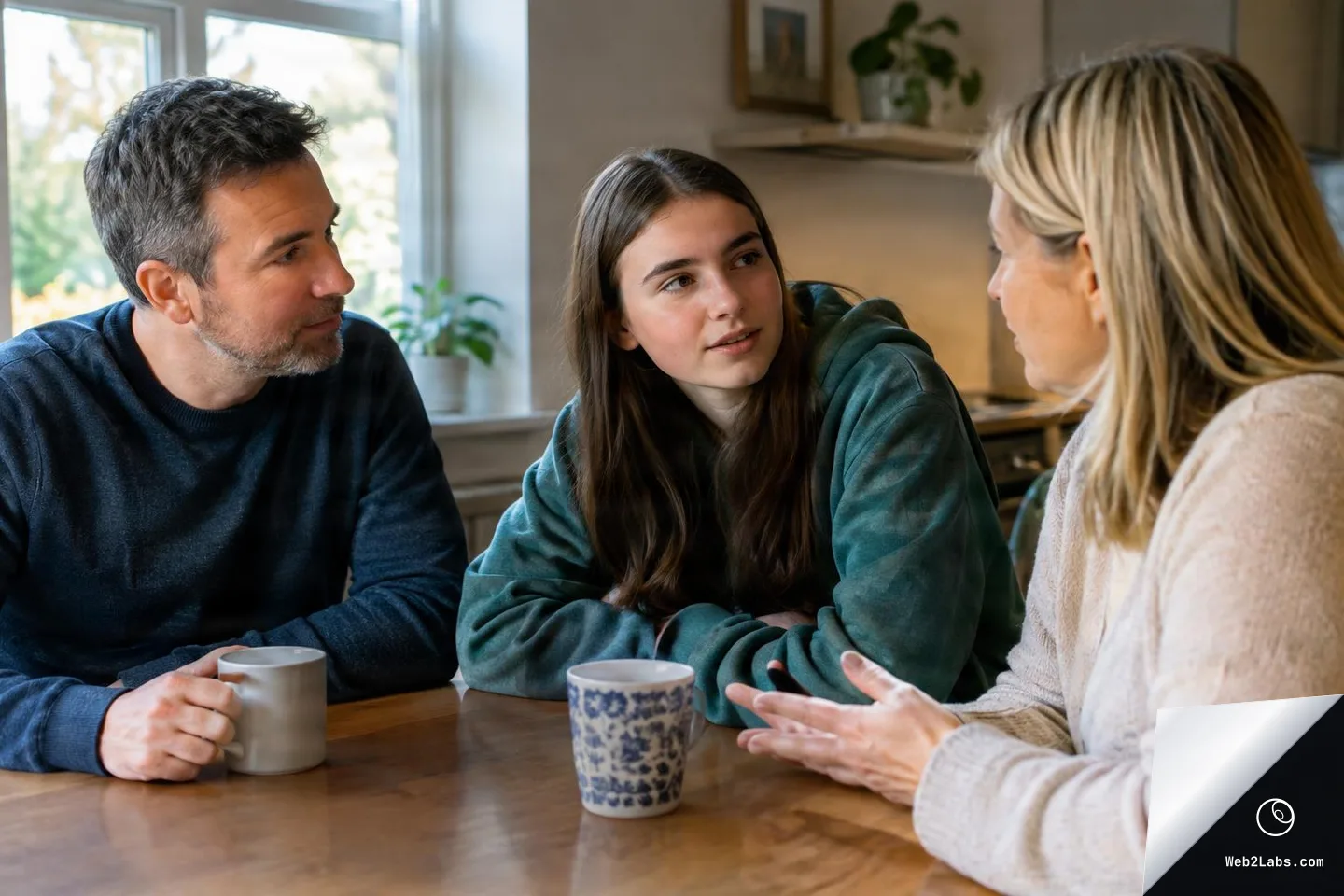 A mother and father sit at a kitchen table talking with their teenage daughter, with coffee mugs on the table and soft daylight coming through a window.