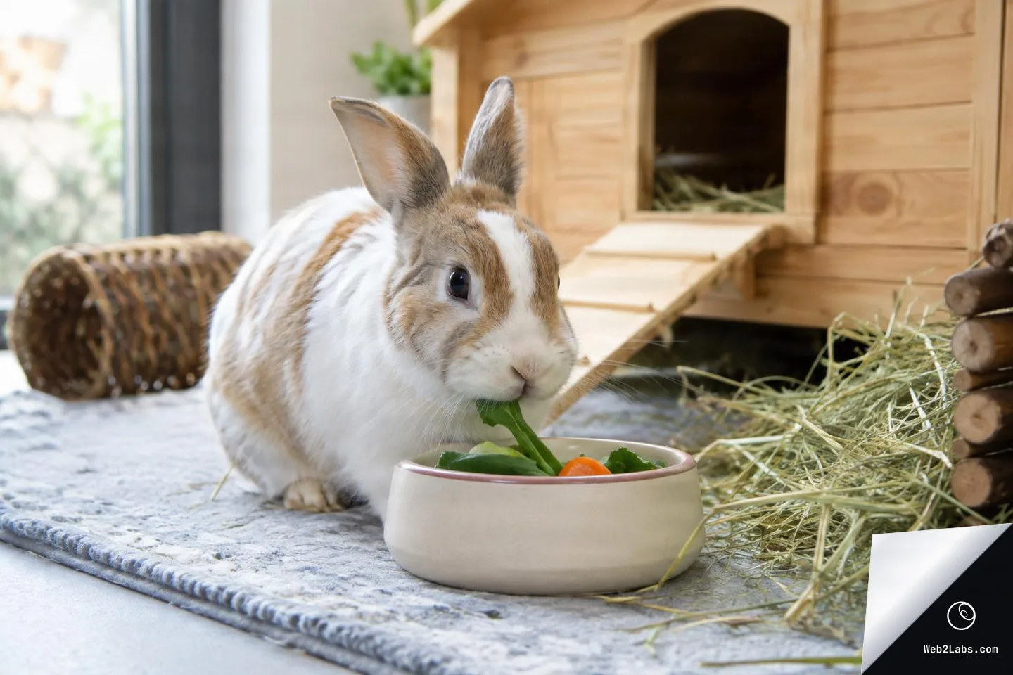 Brown and white pet rabbit eating leafy greens from a beige bowl in front of a wooden indoor rabbit hutch with hay on the floor.