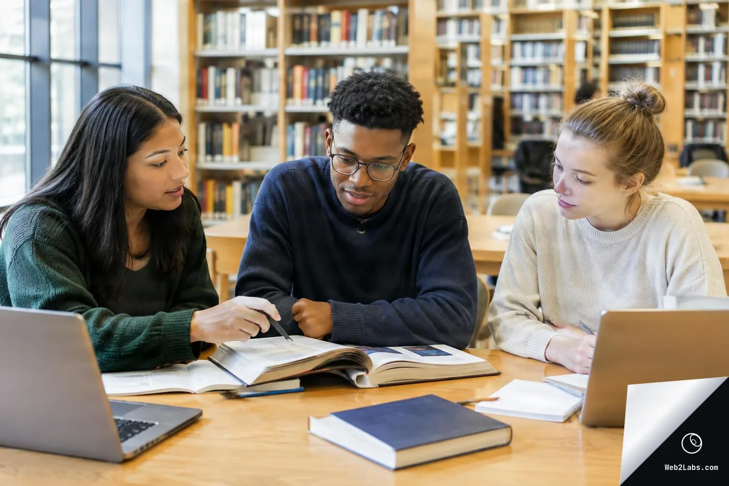 Three students seated at a library table, looking at an open textbook while one points with a pen; laptops, notebooks, and books are on the table with bookshelves blurred in the background.