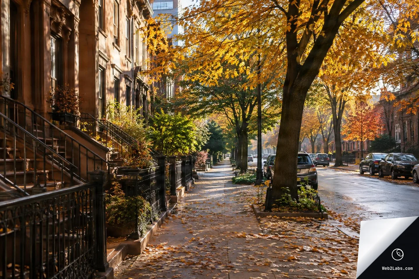 Sunlit city sidewalk beside brownstone buildings with iron railings, tall trees with golden autumn leaves, parked cars along the street, and fallen leaves on the pavement.