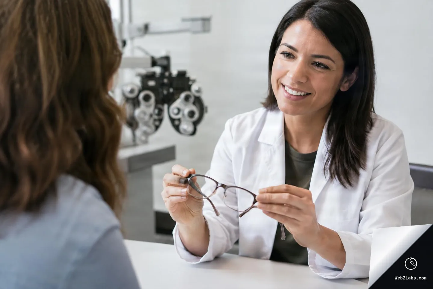 Smiling optometrist in a white coat holds a pair of eyeglasses with both hands while talking to a patient in an eye exam room, with a phoropter in the background.