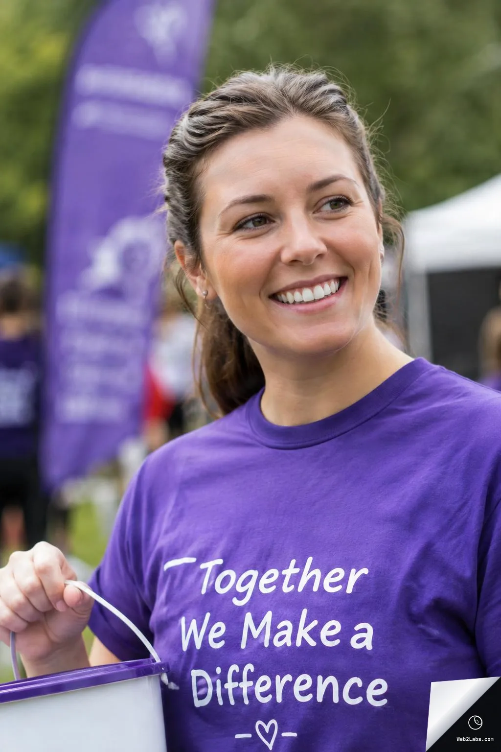 Smiling woman in a purple T-shirt holding a donation bucket at an outdoor charity fundraising event, with blurred event banners in the background.