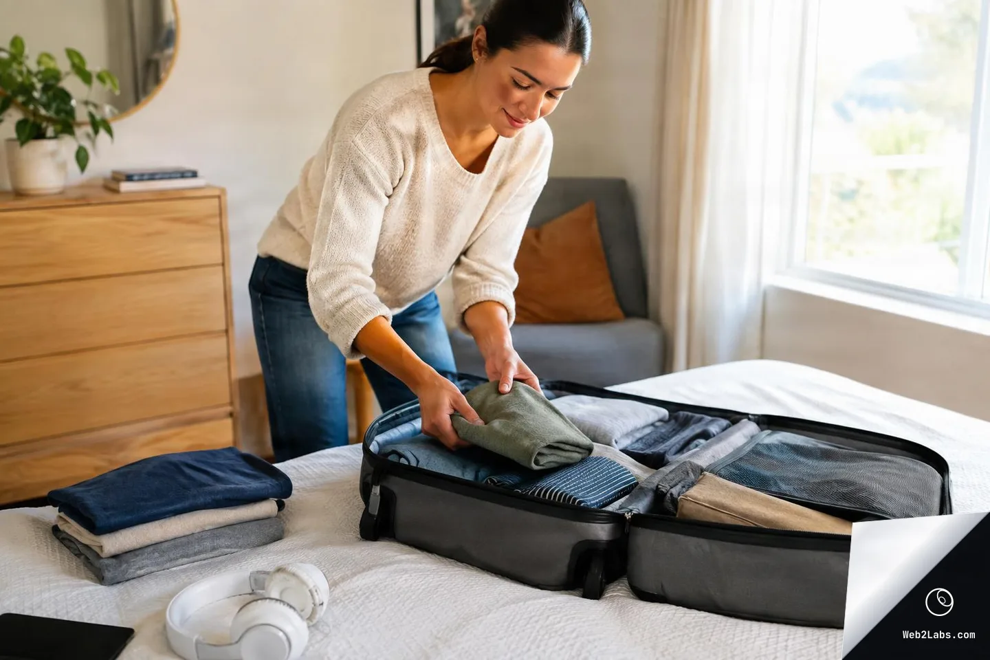 Woman packing folded clothes into an open suitcase on a bed in a bright bedroom, with a small stack of clothes and white headphones nearby.