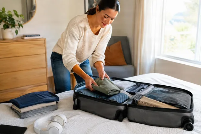 Woman Packing Suitcase on Bed