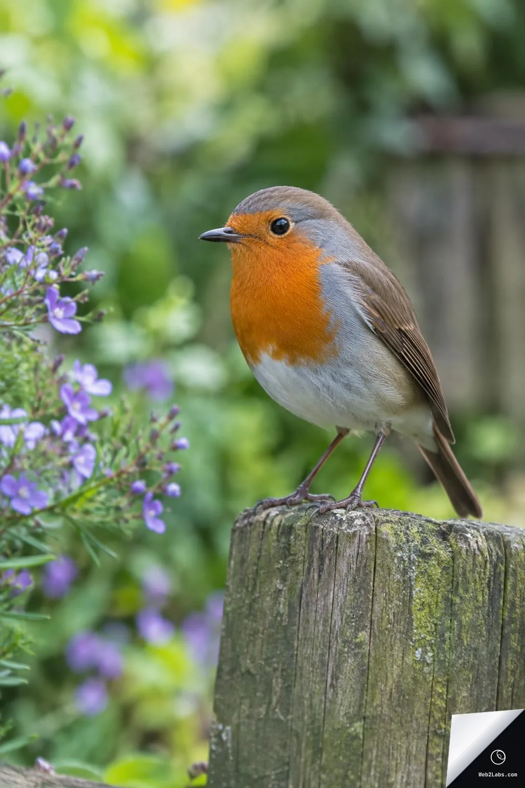 European robin perched on a mossy wooden post beside purple garden flowers, with a blurred green background.