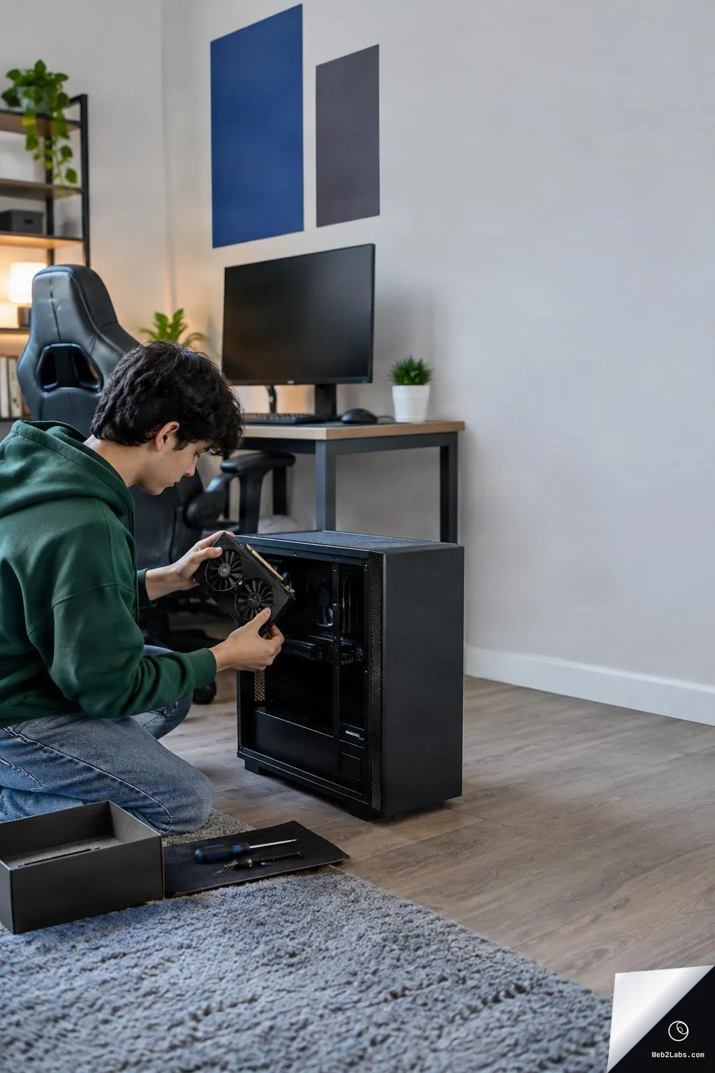A young person kneels on a rug while installing a graphics card into an open black PC case, with a gaming chair and desk with monitor in the background and empty wall space on the right.