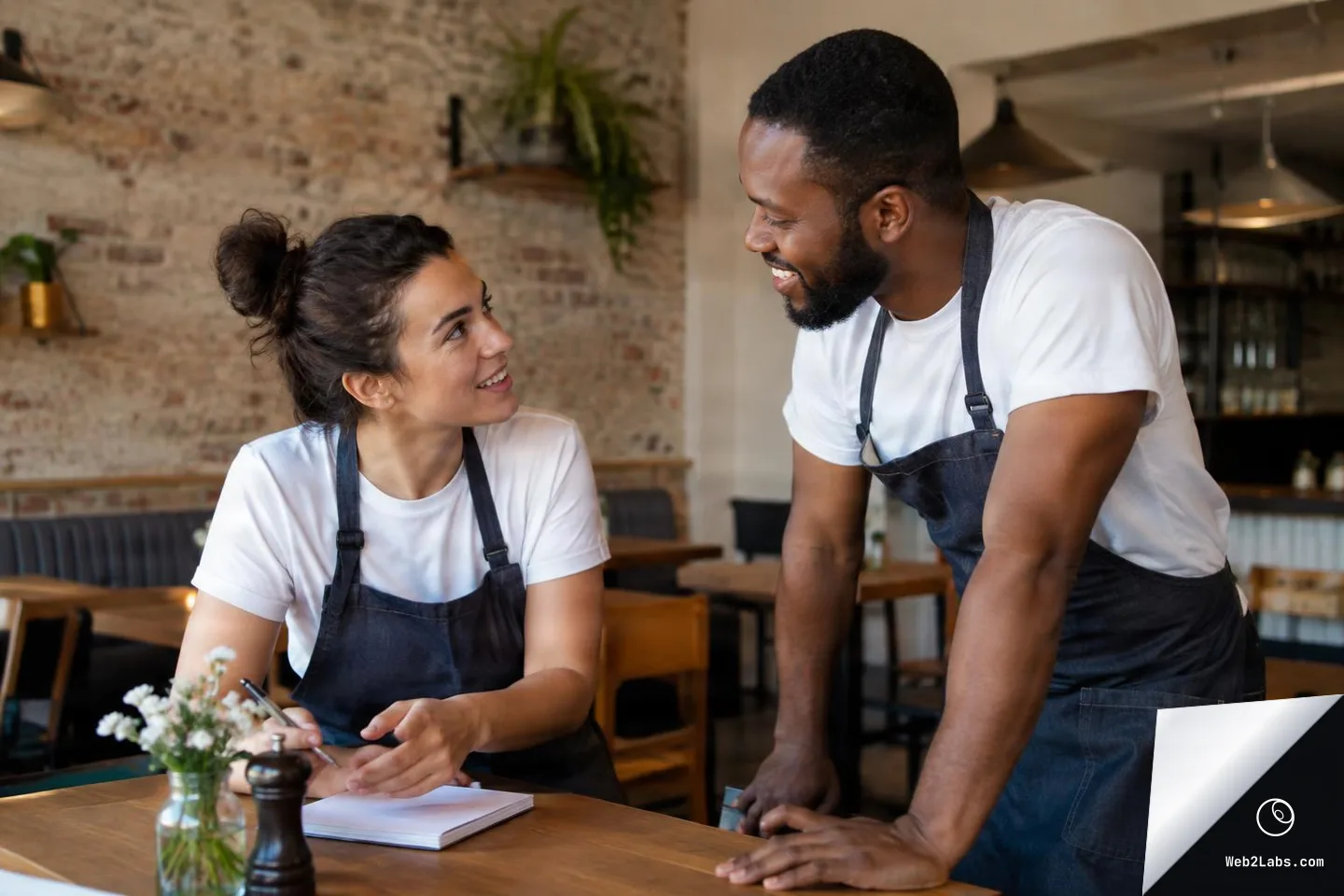 Two restaurant staff members in aprons smile and talk at a wooden table, with a notebook and pen in a small dining area.