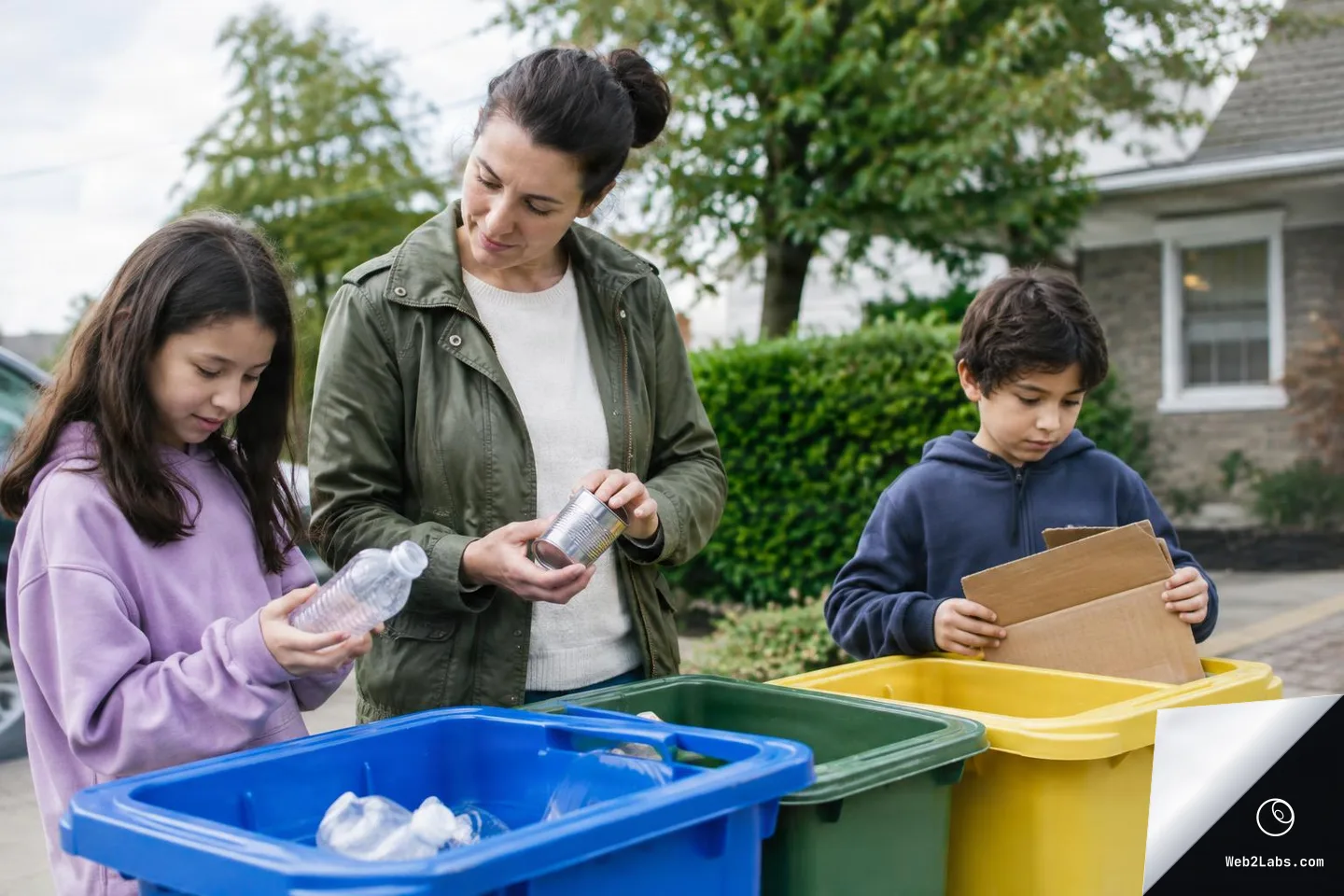 A woman and two children stand by blue, green, and yellow recycling bins on a driveway, checking a plastic bottle, a metal can, and a cardboard box before sorting them.