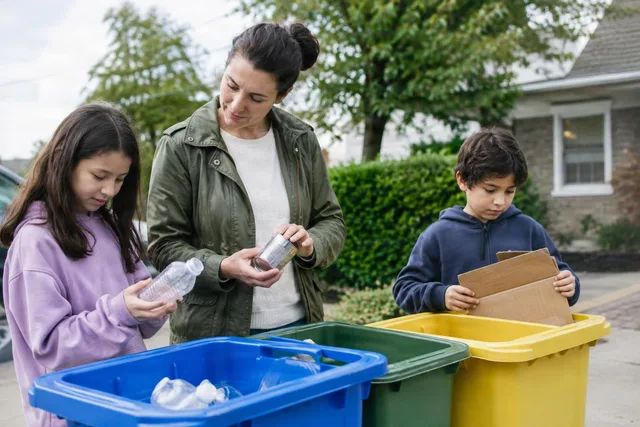 Family Sorting Recycling at Curb