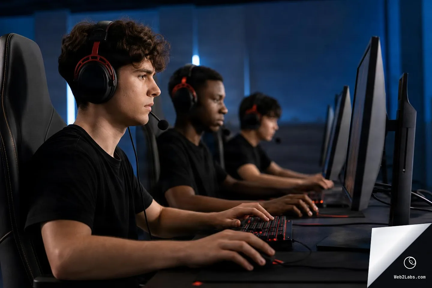 Three gamers wearing headsets sit in a row at desktop computers, focused on gameplay, photographed from the side in a blue-lit esports practice room.