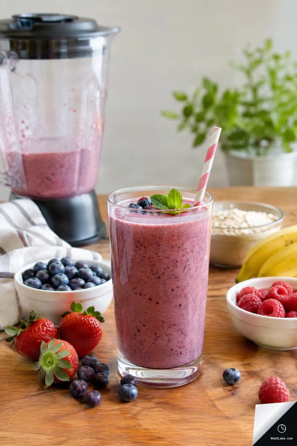 Tall glass of purple berry smoothie with a pink-and-white striped paper straw and mint garnish on a wooden table, with blueberries, strawberries, raspberries, oats, bananas, and a blender in the background.