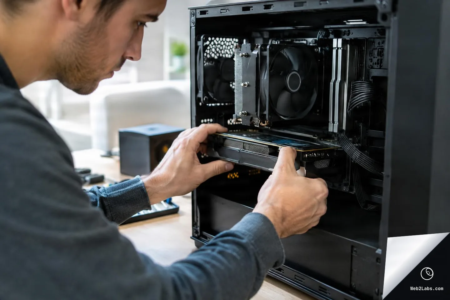 Side view of a person sliding a graphics card into the PCIe slot inside an open desktop computer case, with CPU cooler, case fan, and cables visible.
