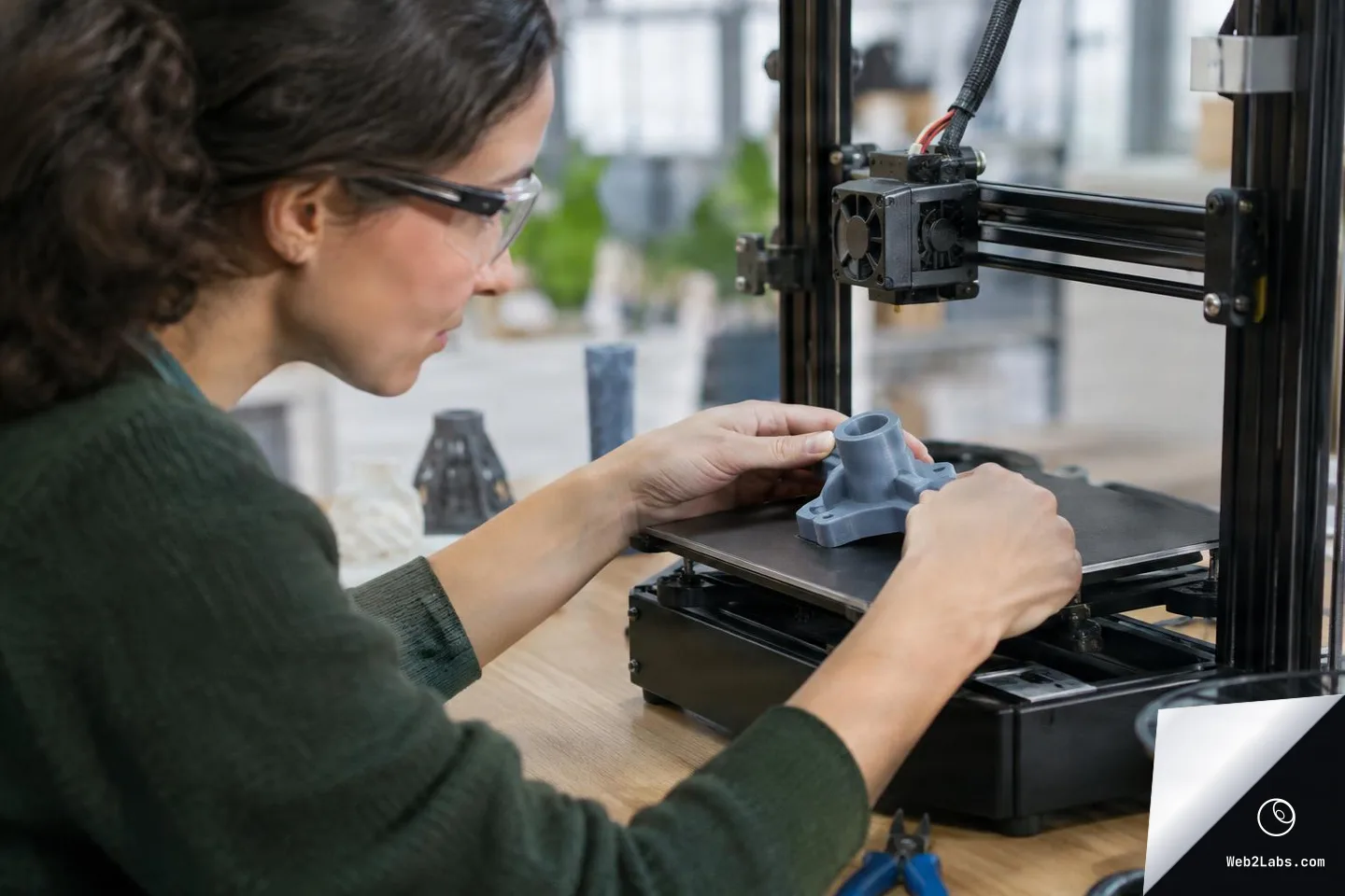 Woman wearing safety glasses inspects a gray 3D printed part on the bed of a desktop 3D printer in a workshop.