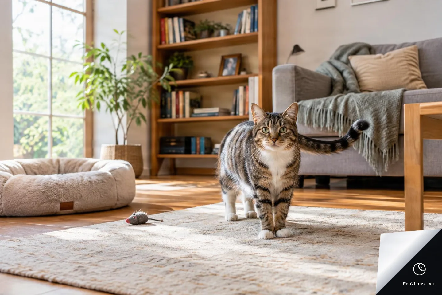 A tabby cat with a white chest stands on a light rug in a sunlit living room, with a sofa, bookshelf, plant, pet bed, and a small toy mouse on the floor.