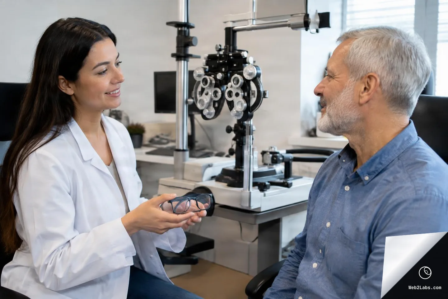Female optometrist in a white coat holds eyeglasses while talking with a smiling older man seated next to a phoropter in an eye exam room.