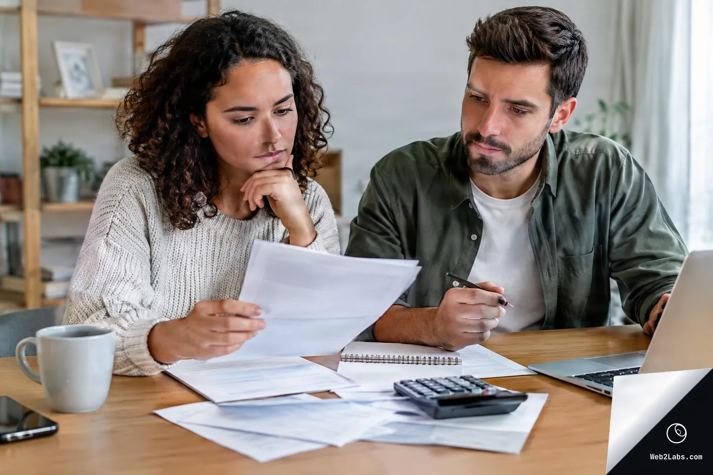A couple sits at a wooden table looking at printed bills and documents, with a calculator, notebook, and open laptop on the table in a bright home interior.
