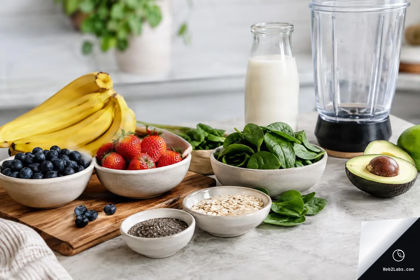Smoothie preparation ingredients on a kitchen counter: bowls of blueberries, strawberries, spinach, oats and chia seeds, bananas on a cutting board, a bottle of milk, an avocado half, and an empty blender jar in the background.