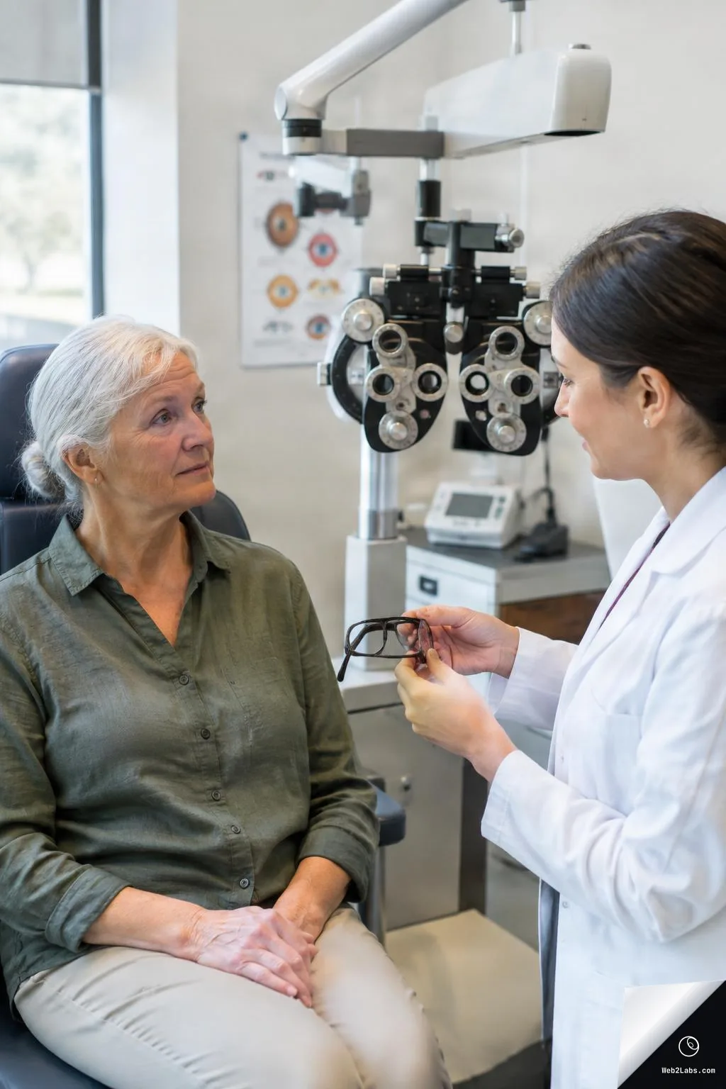 An optometrist in a white coat holds a pair of eyeglasses while talking with an older woman seated in an eye exam chair next to a phoropter in a clinic room.