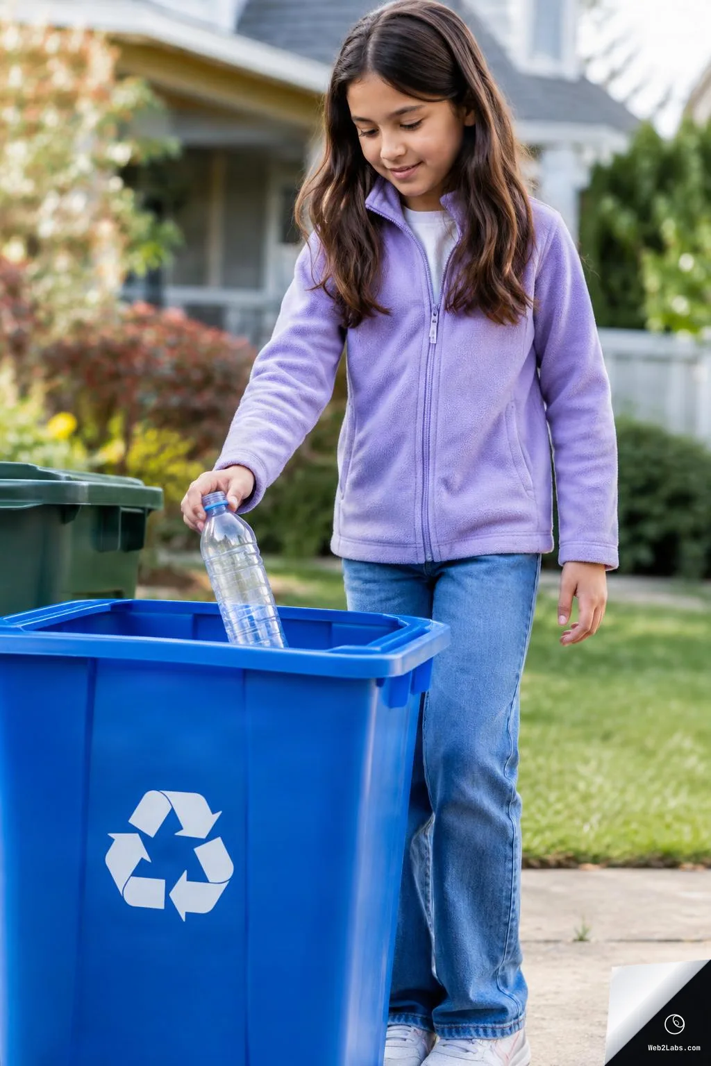 A girl in a purple jacket drops a clear plastic bottle into a blue recycling bin with a white recycling symbol, standing on a driveway in front of a house and garden.