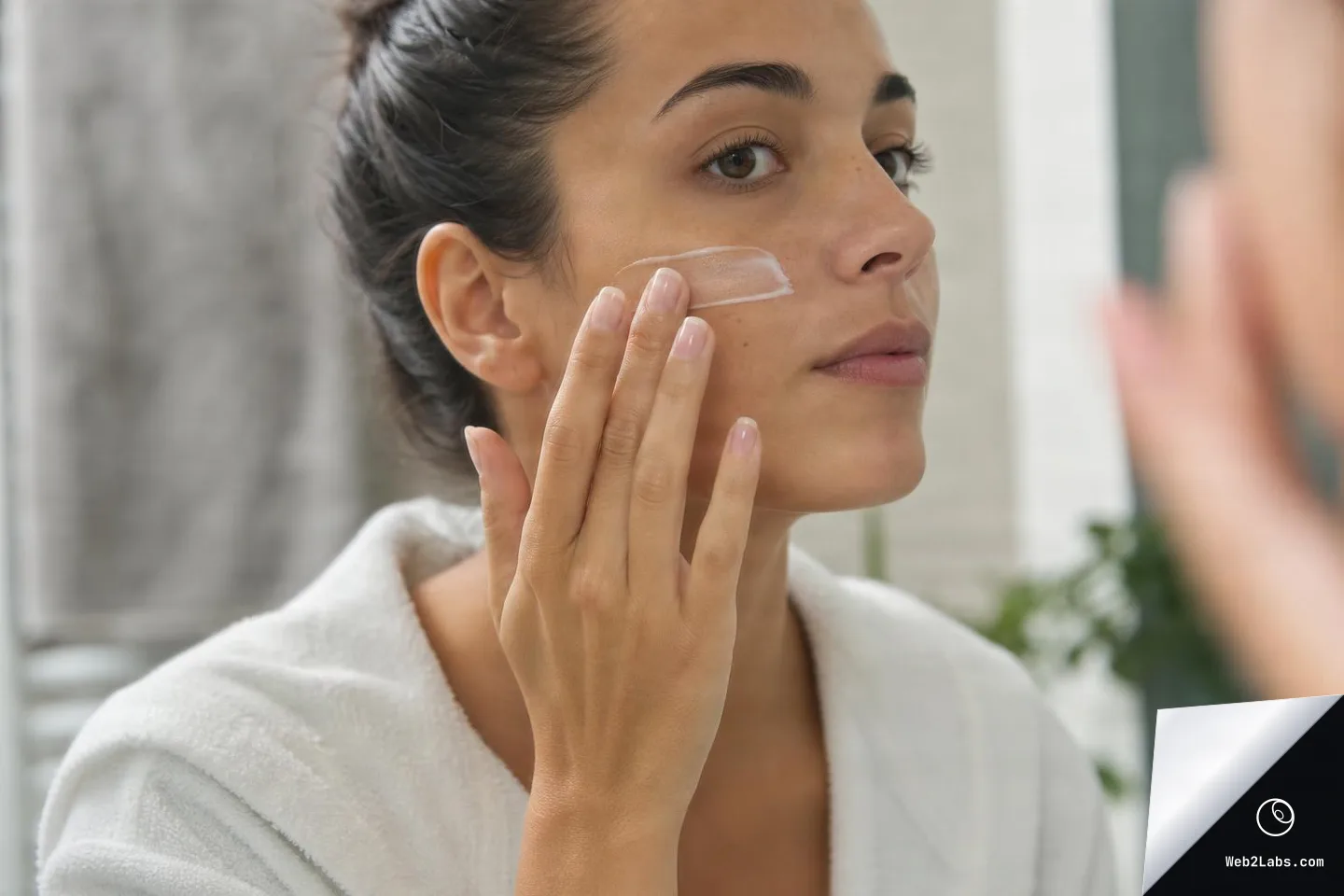 Close-up of a woman in a white robe applying a small streak of face cream to her cheek while looking toward a mirror in a softly lit bathroom.