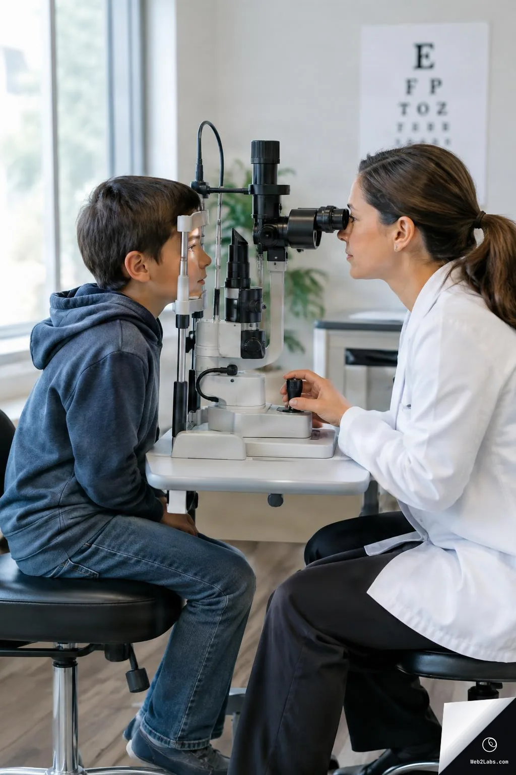 Side view of a female optometrist in a white coat examining a young boy's eyes using a slit-lamp machine in an eye clinic, with an eye chart on the wall in the background.