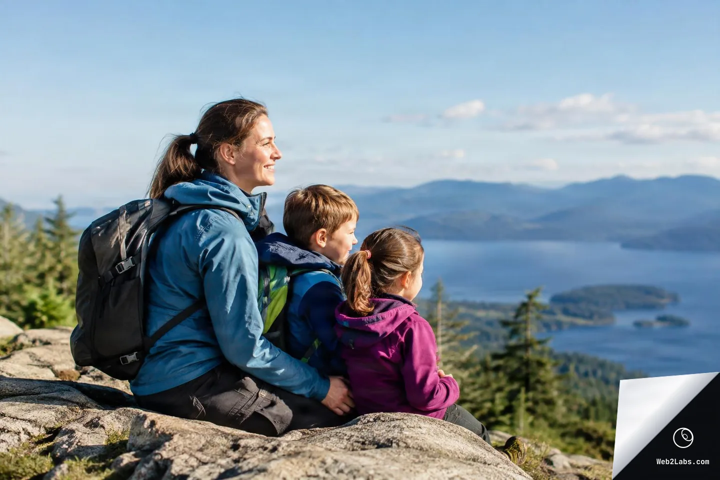Woman and two children in outdoor jackets sit on a rock ledge in side profile, looking out over a blue lake and distant mountains on a clear day.