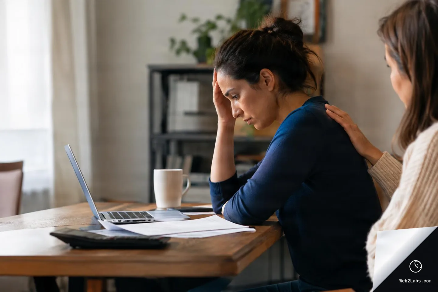 Side view of a woman with her hand on her forehead sitting at a table with a laptop, papers, and a coffee mug while another woman places a comforting hand on her shoulder.