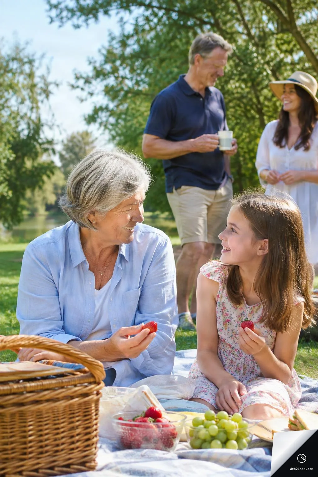 An older woman and a young girl sit on a picnic blanket smiling at each other while holding strawberries, with a picnic basket and fruit in the foreground and two adults standing and talking in the background in a sunny park.
