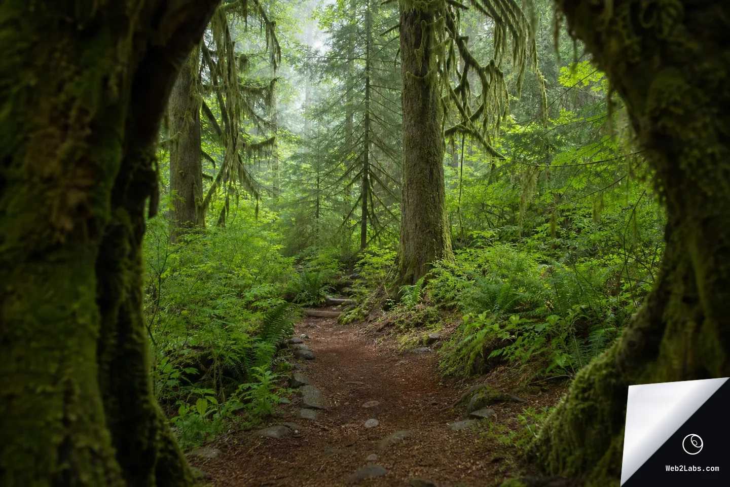 A narrow dirt path with scattered stones winds through a dense green forest, framed by mossy tree trunks and hanging lichen, with soft mist in the background.