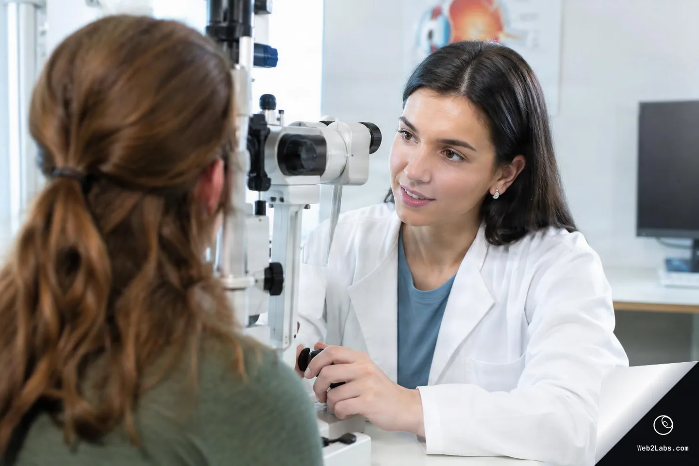 Over-the-shoulder view of a patient seated at a slit-lamp machine while an optometrist in a white coat examines her eyes in an eye clinic.