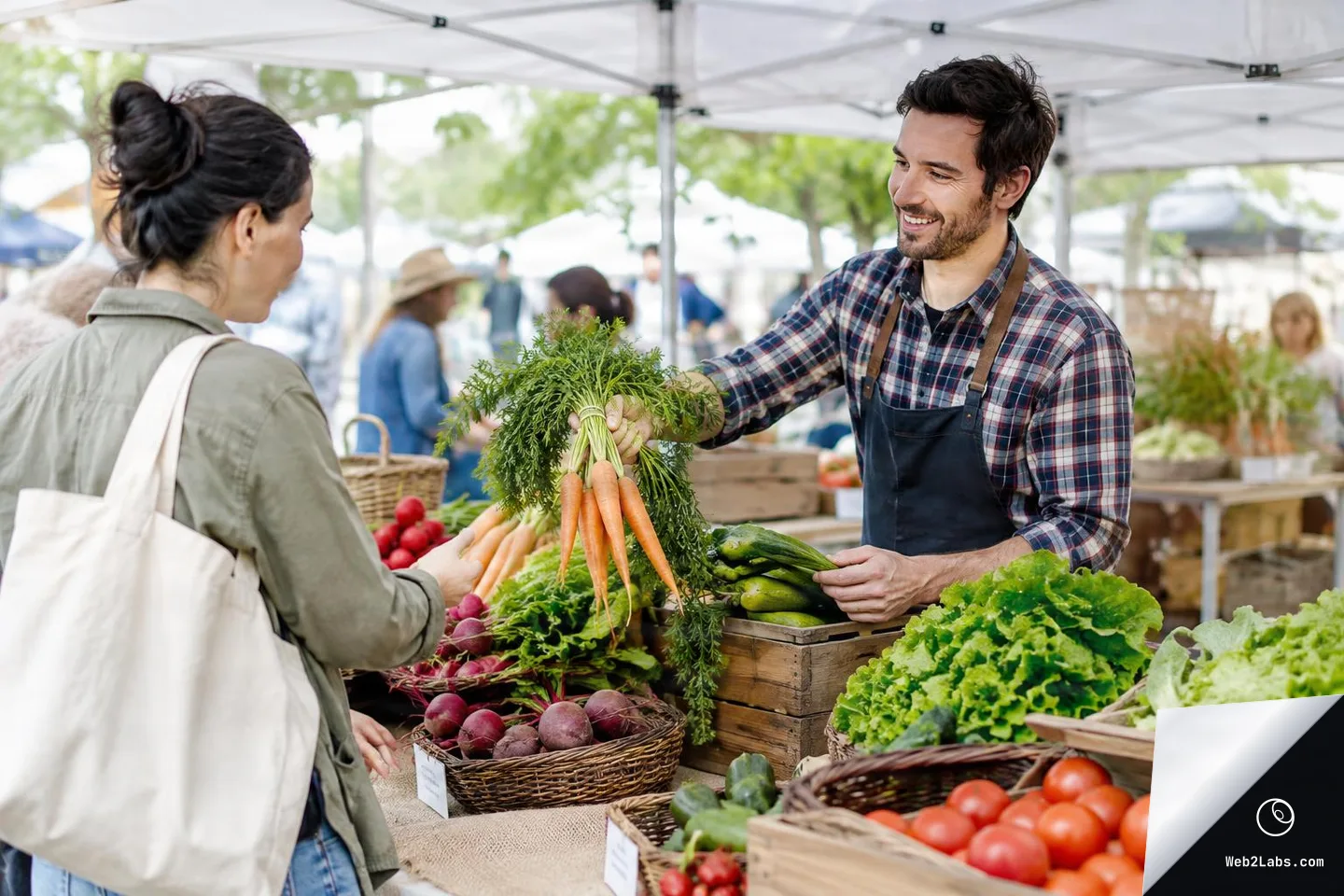 A male market stall vendor in an apron hands a bunch of carrots to a female customer at an outdoor farmers market stand with baskets of tomatoes, lettuce, radishes, and cucumbers under white canopy tents.