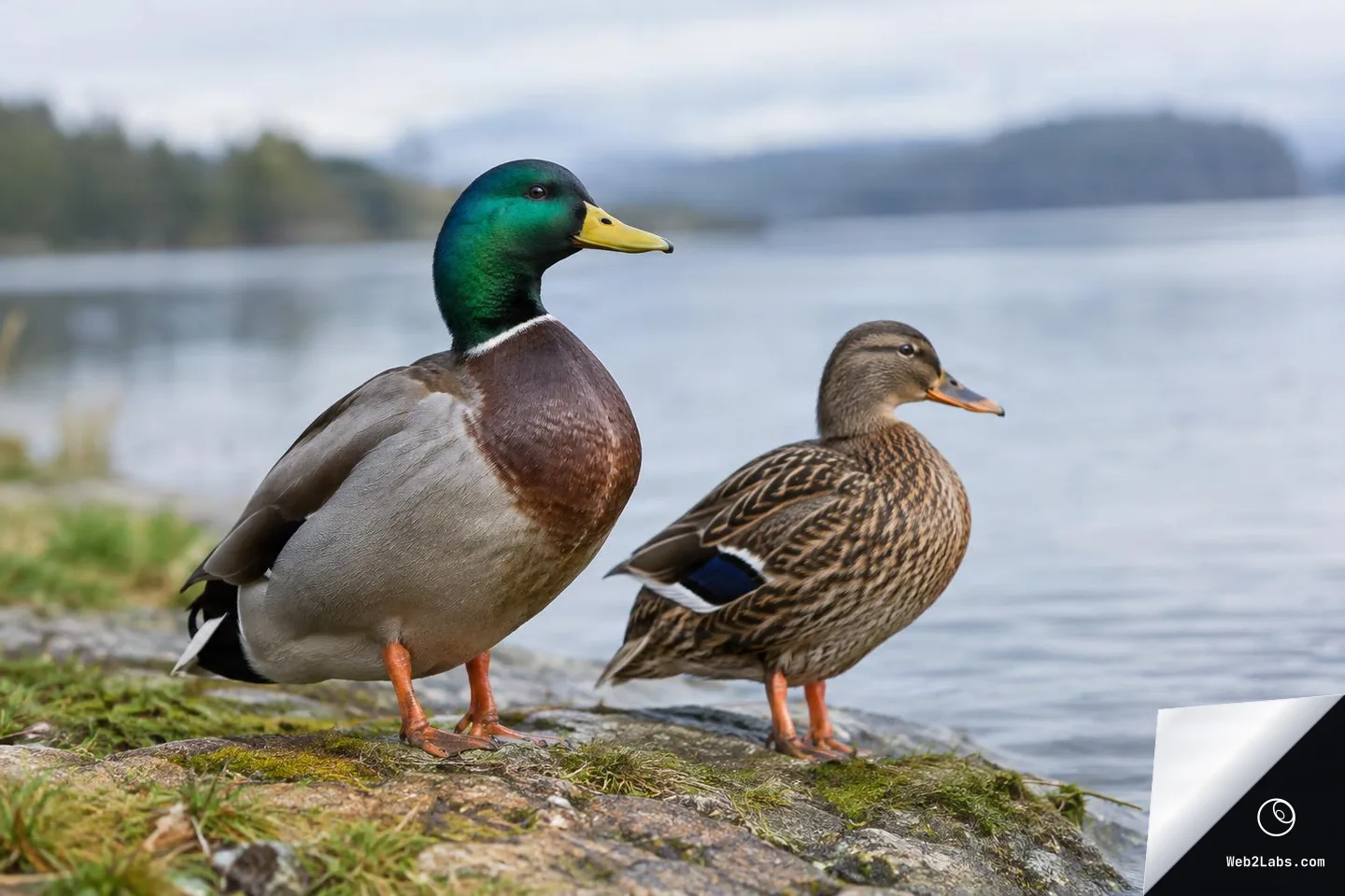 A male mallard and a female mallard stand on a mossy rock at the edge of a calm lake, both facing right with an attentive posture; distant forested shoreline and hills are softly blurred in the background.