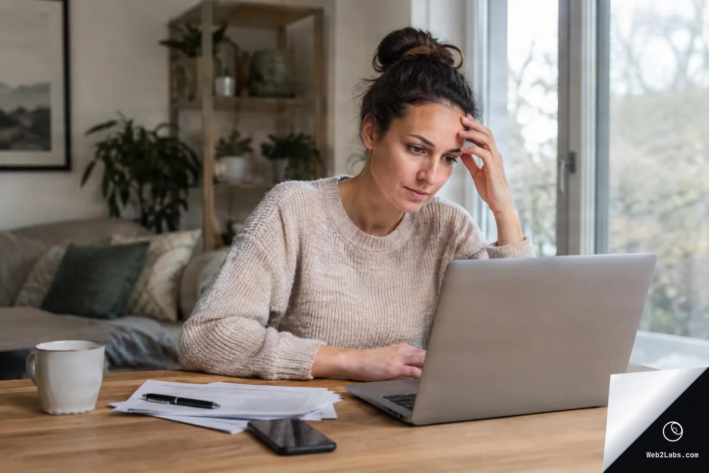 Woman with hand on her forehead looks stressed while using a laptop at a table with papers, a pen, a phone, and a coffee mug in a bright living room.