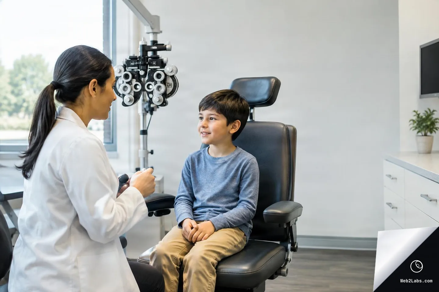 Eye doctor in a white coat talking with a smiling boy seated in an optometry exam chair, with a phoropter and clinic room in the background and open wall space to the right.