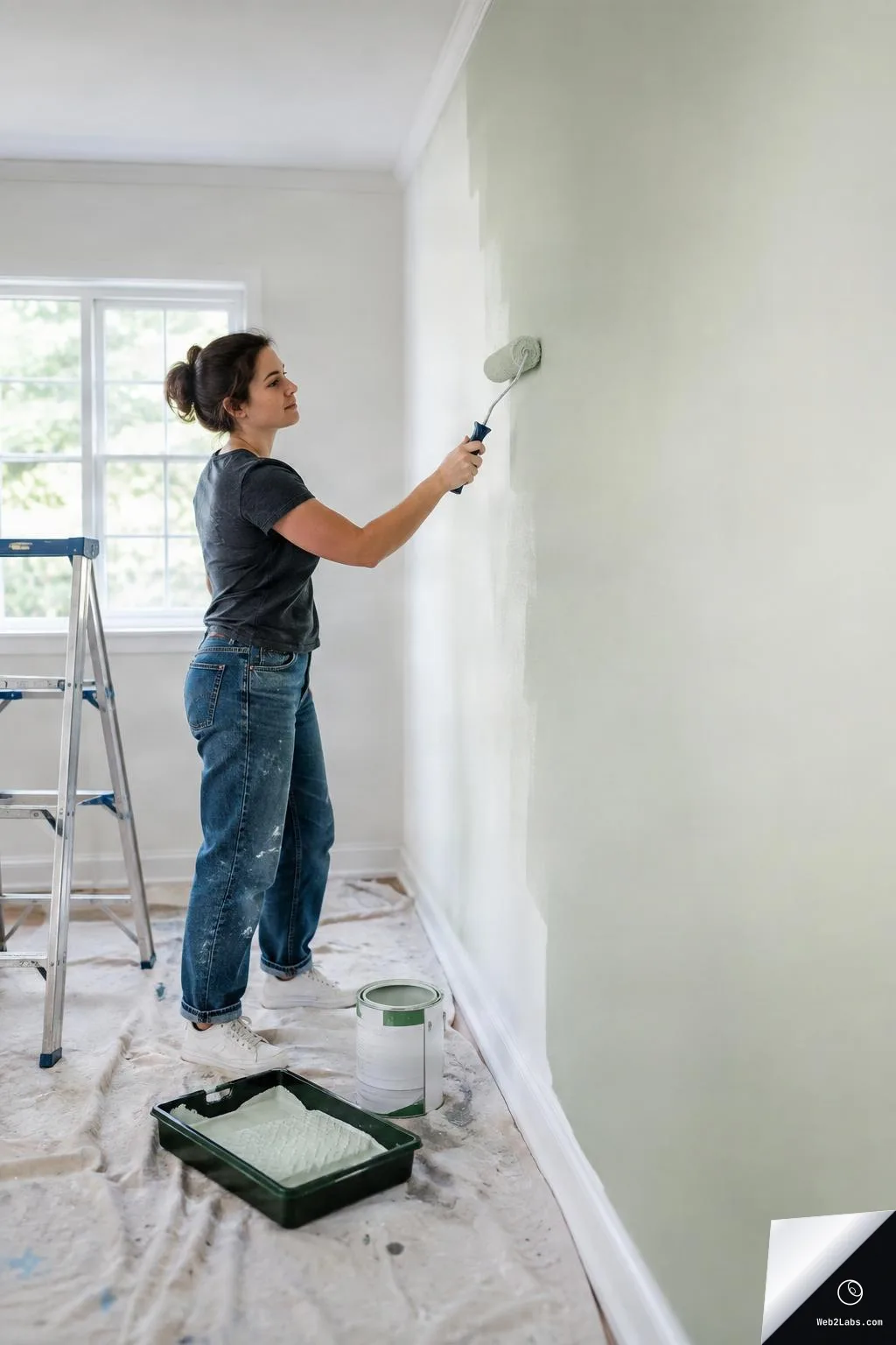 Woman in jeans and a dark T-shirt paints a light green wall with a roller in a bright room, with a ladder by the window and a paint tray and can on a drop cloth.