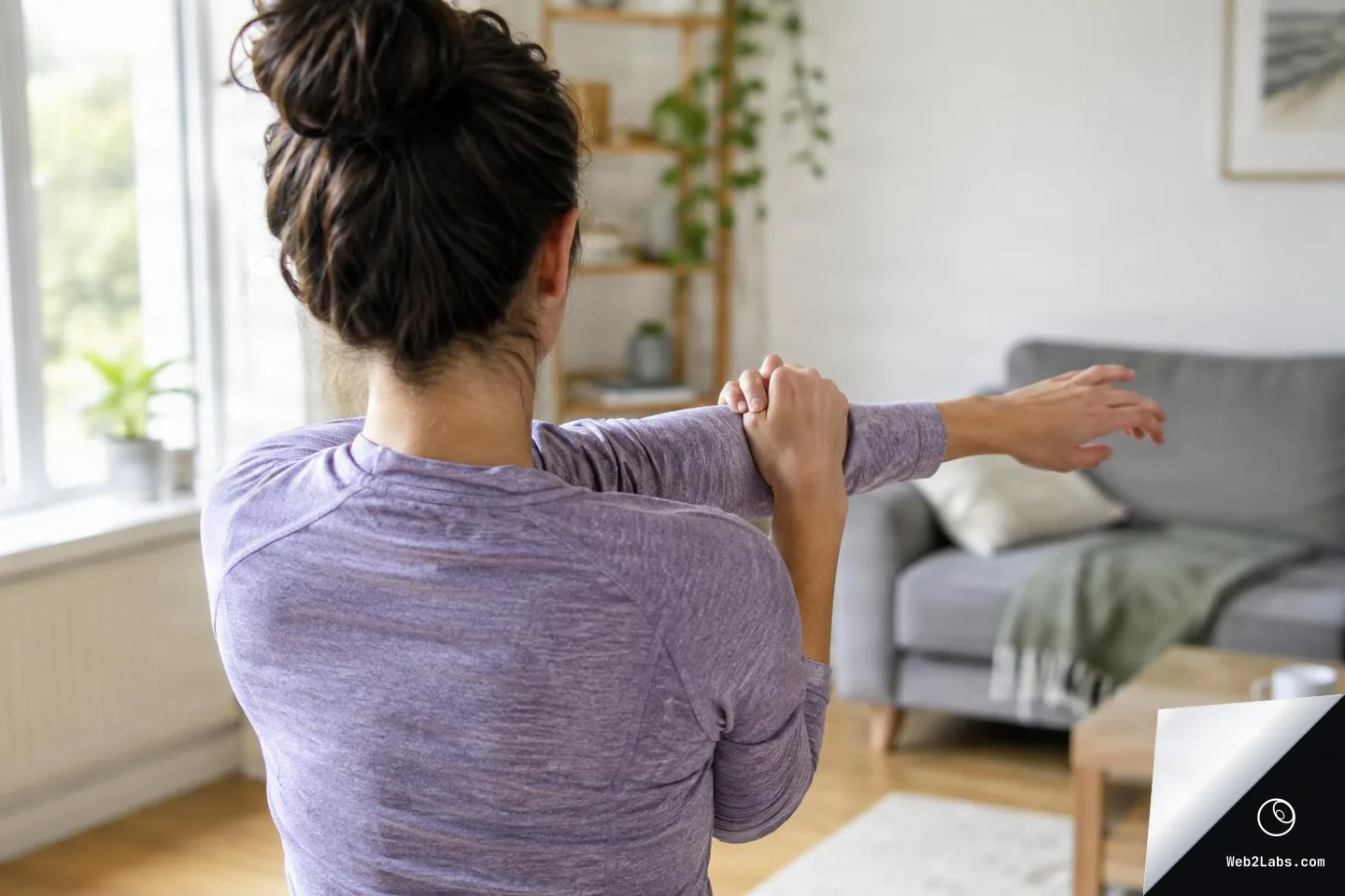 Rear view of a person in a purple top doing a cross-body shoulder stretch in a sunlit living room with a sofa and coffee table in the background.