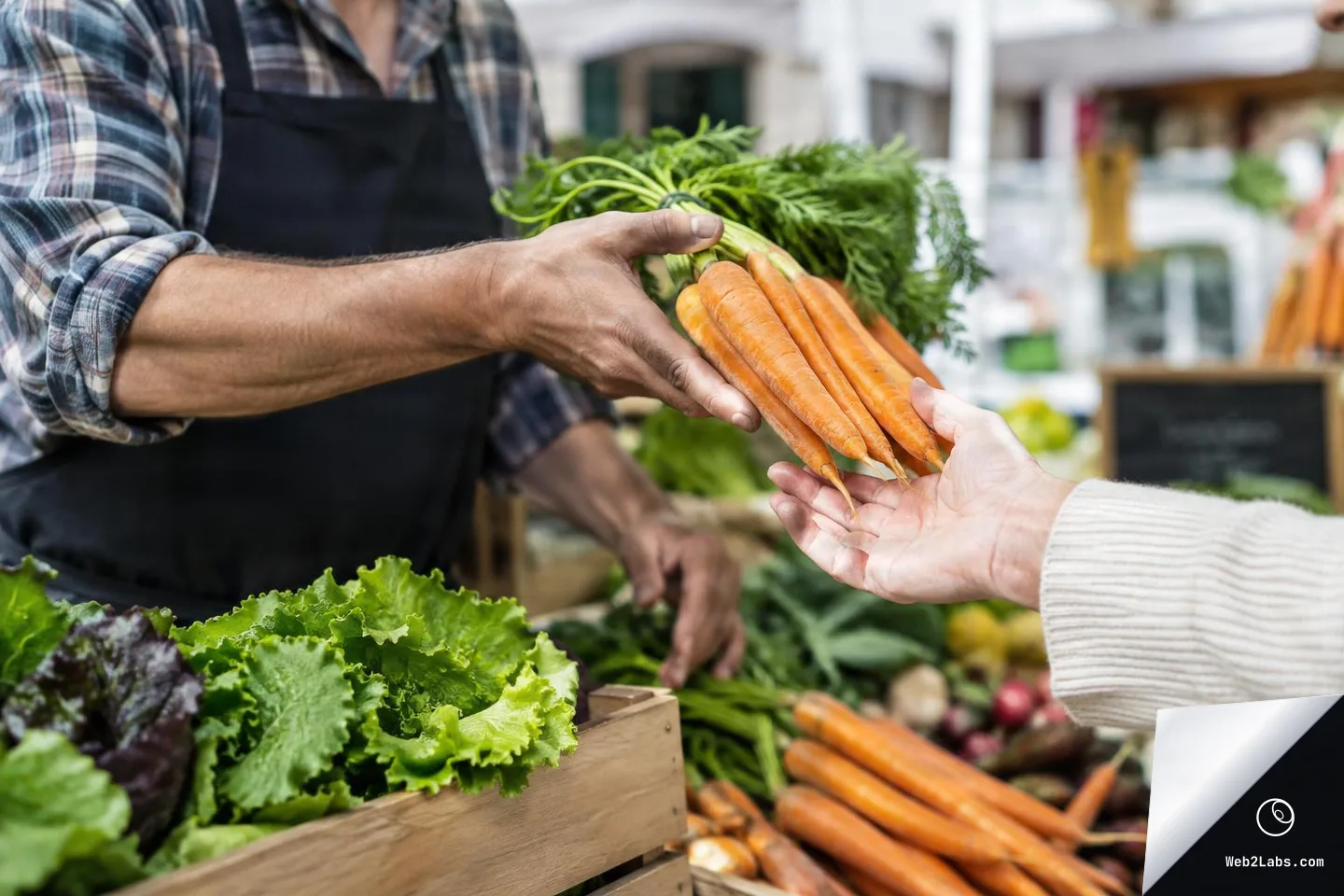 Close-up of a market vendor in an apron handing a bunch of fresh carrots to a customer over a produce stall with leafy greens and other vegetables.