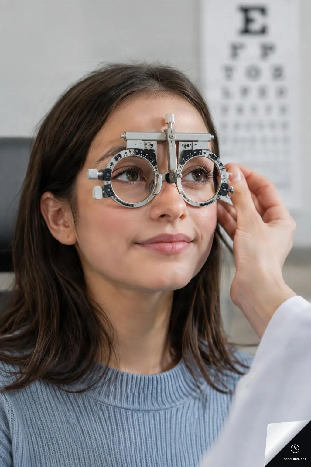 Close-up of a woman during an eye exam wearing a trial frame while a clinician adjusts it, with a blurred eye chart in the background.