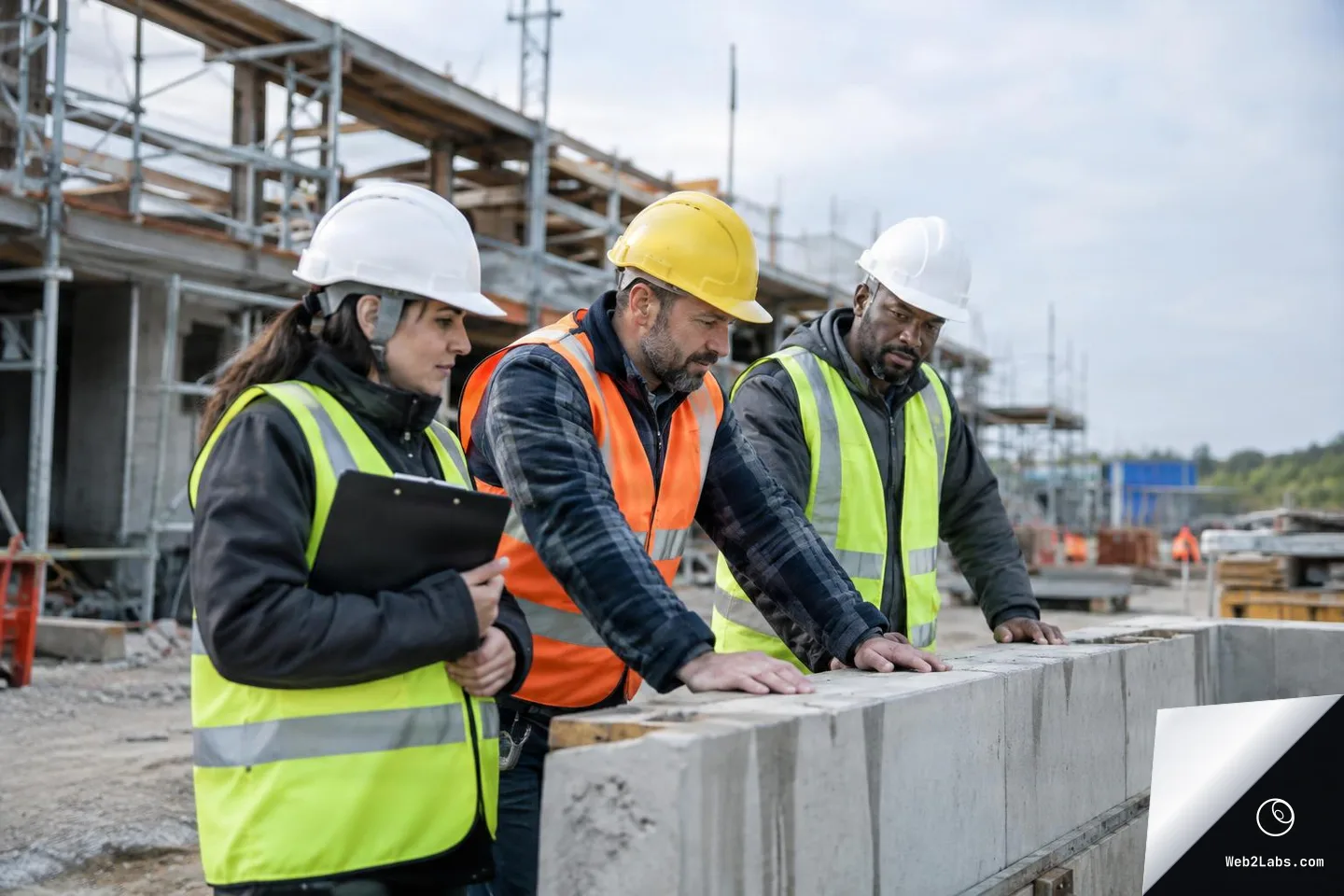 Three construction workers wearing hard hats and high-visibility vests stand at a building site, leaning over a concrete wall while one holds a clipboard, with scaffolding and an unfinished structure in the background.