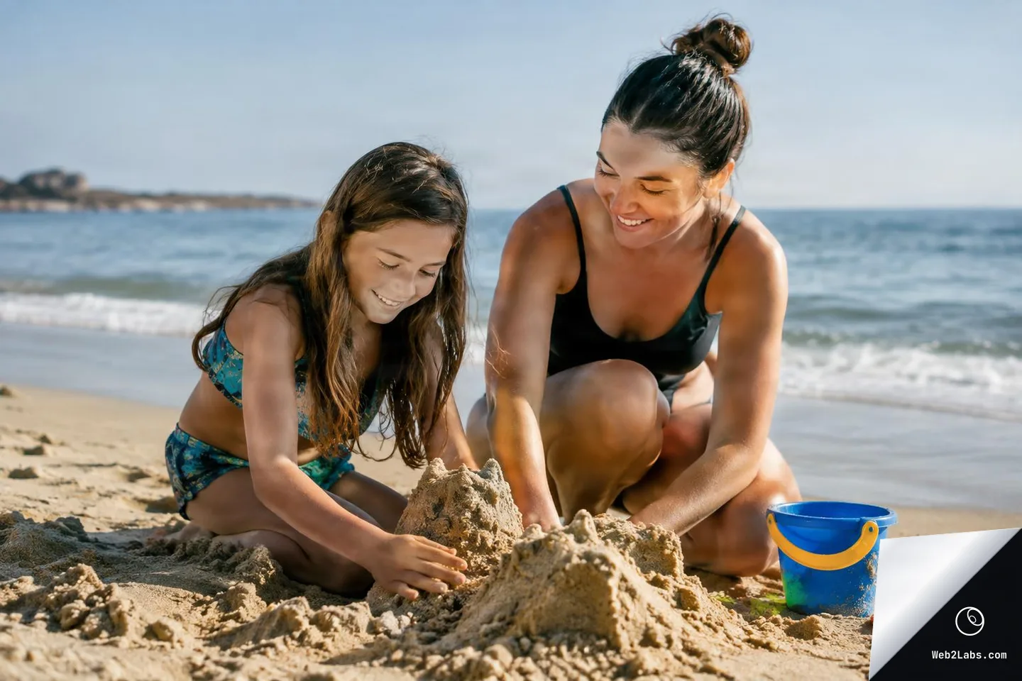 A woman and a young girl kneel on a sandy beach building a sandcastle, with the ocean and horizon in the background and a blue bucket nearby.