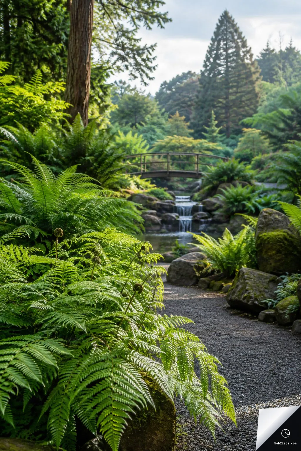 Vertical view of a gravel path bordered by large green ferns and mossy rocks, leading to a small wooden footbridge above a short waterfall in a lush garden with tall trees.