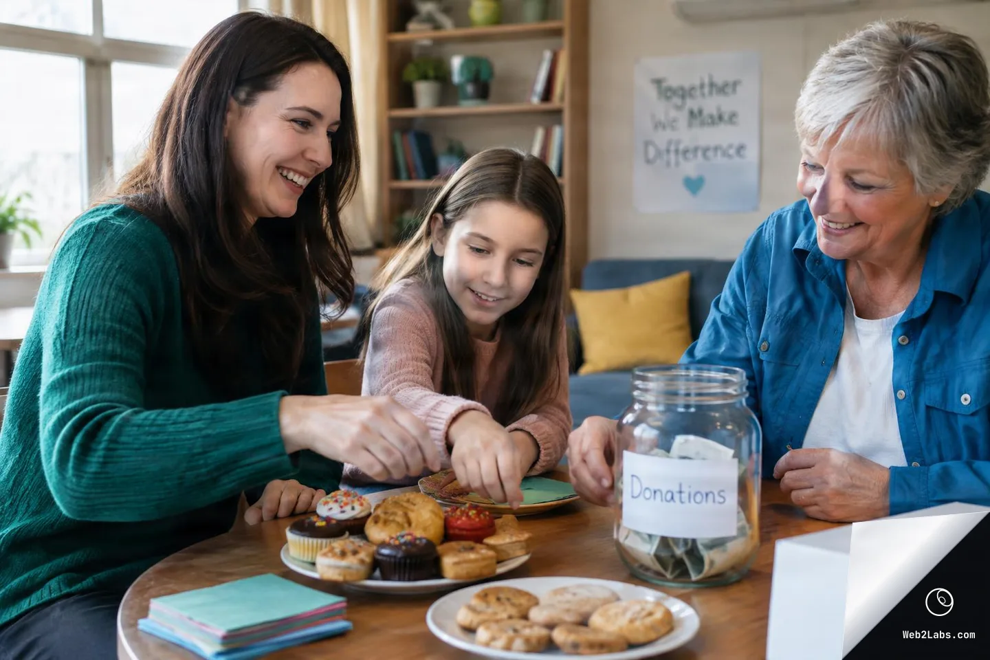 A woman, a young girl, and an older woman smile while arranging baked goods on a table beside a glass jar labeled "Donations" filled with cash, with a poster in the background reading "Together we Make Difference."